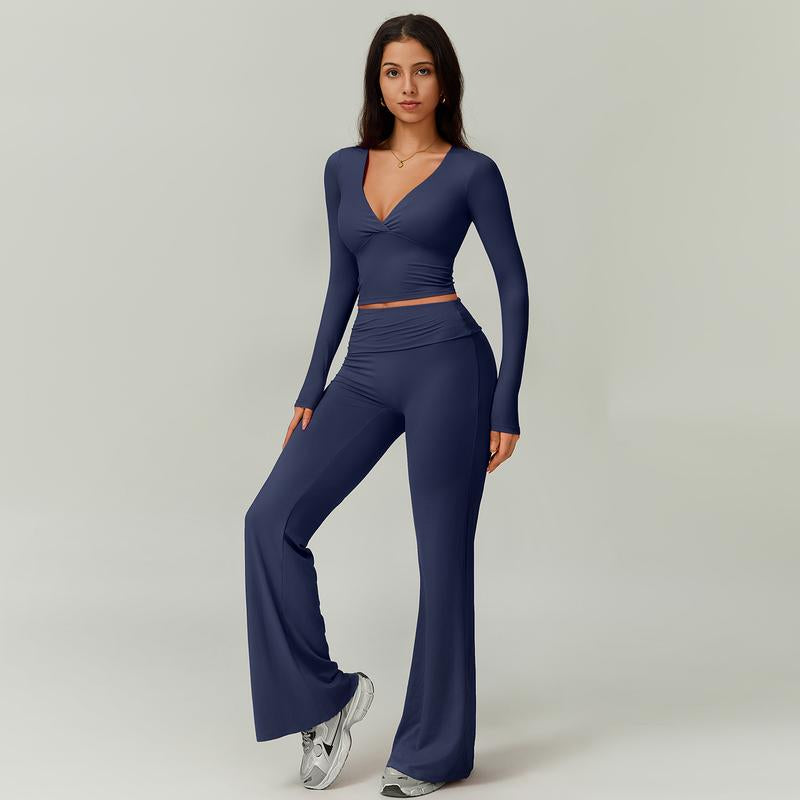 TIMEOFF Women'S 2-Piece Long Sleeve Plunging V-Neck Set - Foldable Waistband, 2 Wearing Styles, Solves Style Boredom & Fit Flaws, Perfect for Gym, Casual Outings & Daily Fashion,Sweatsuit Set Outfit,Comfort Sweat Set,Sweatsuits Women