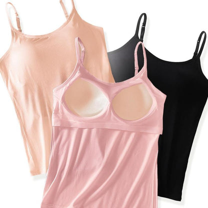 3Pcs Women'S Built-In Bra Tank Tops Seamless No Bra Needed Camisoles with Adjustable Layered Straps Summer Beach Yoga & Vacation Essentials Padded Womenswear String Fitted Breathable Basic Minimalist Short Sleeveless Nylon Style Western Outfits Women