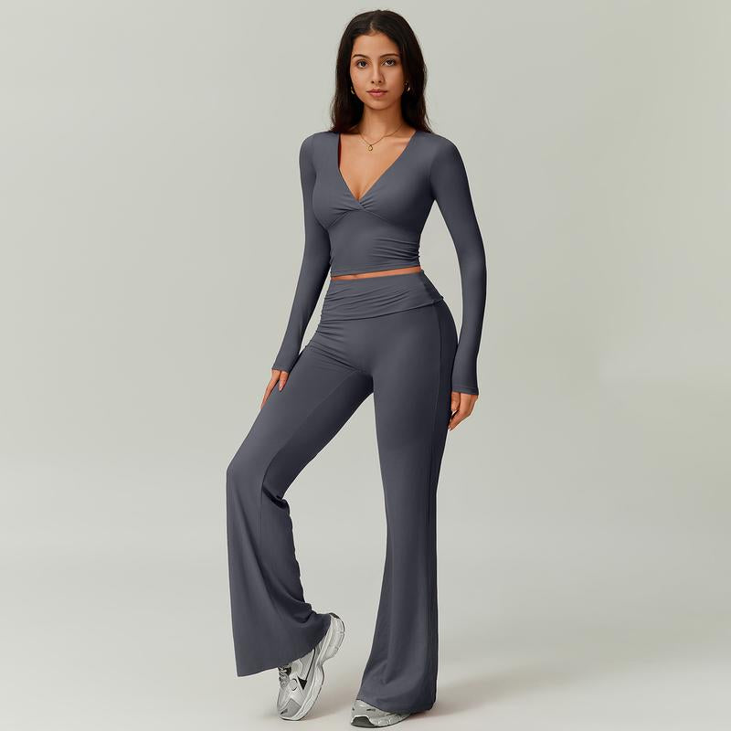 TIMEOFF Women'S 2-Piece Long Sleeve Plunging V-Neck Set - Foldable Waistband, 2 Wearing Styles, Solves Style Boredom & Fit Flaws, Perfect for Gym, Casual Outings & Daily Fashion,Sweatsuit Set Outfit,Comfort Sweat Set,Sweatsuits Women