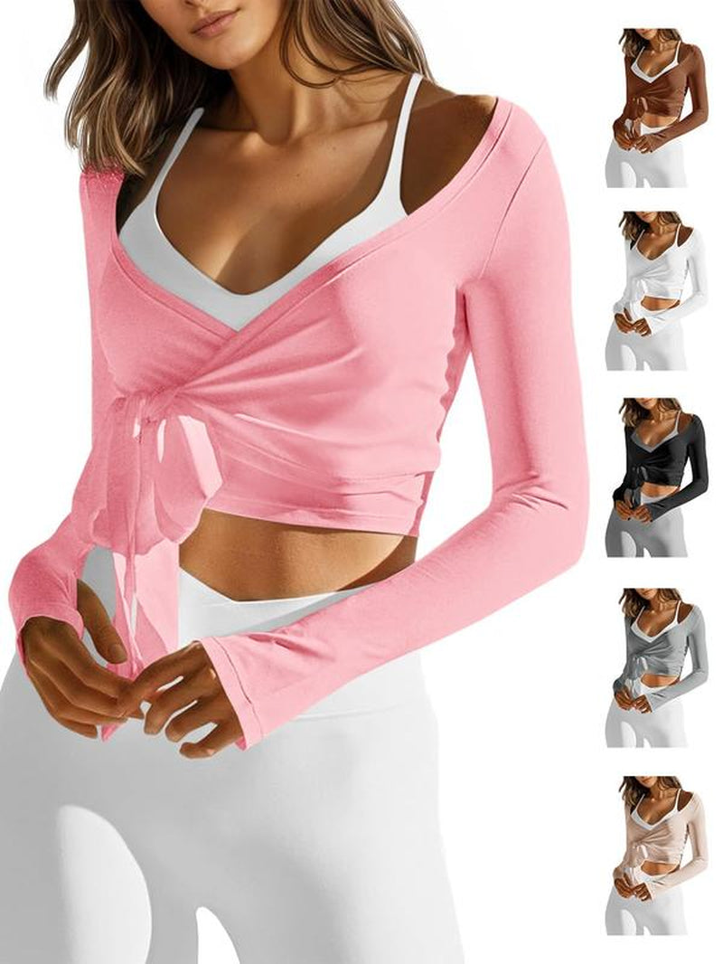 Fisoew Womens Tie Front Shrug Wrap Long Sleeve Crop Tops Casual Lightweight Ballet Pilates Yoga Active Shirts #Tiktokshopblackfriday #Tiktokshopcybermonday