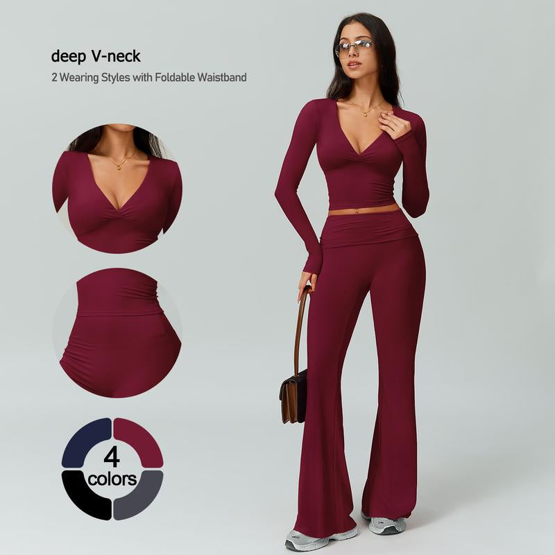 TIMEOFF Women'S 2-Piece Long Sleeve Plunging V-Neck Set - Foldable Waistband, 2 Wearing Styles, Solves Style Boredom & Fit Flaws, Perfect for Gym, Casual Outings & Daily Fashion,Sweatsuit Set Outfit,Comfort Sweat Set,Sweatsuits Women