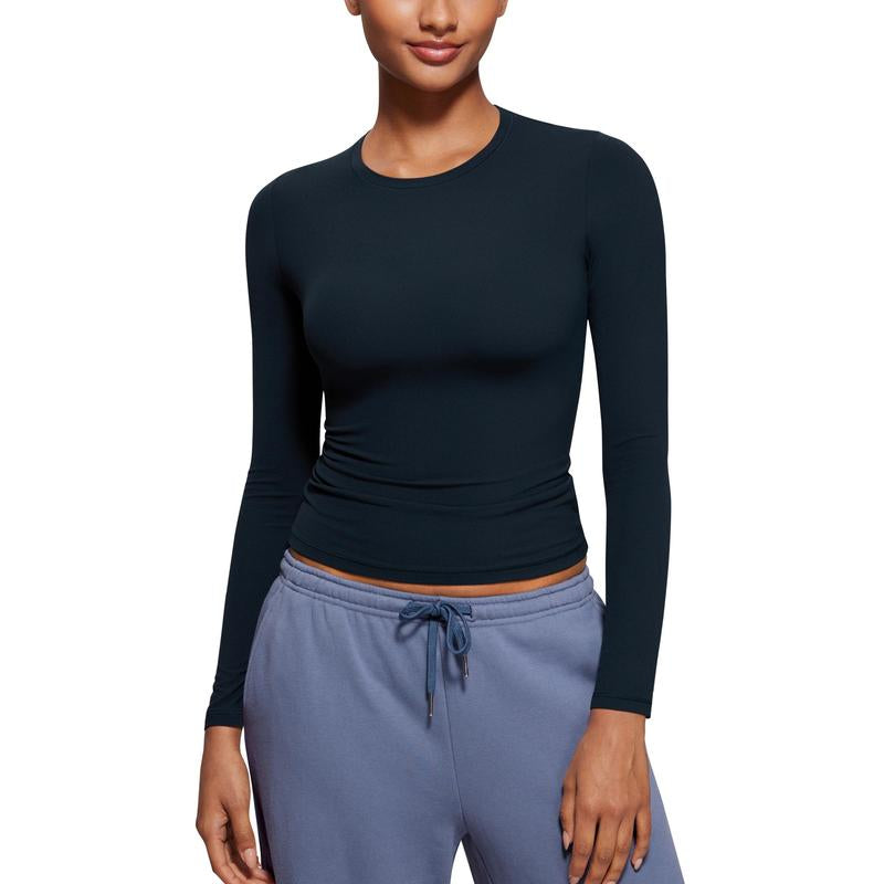 CRZ YOGA Long Sleeve Shirts for Women Soft Crew Neck Fall Basic Tight Tops Fitted Casual Going Out Tee Shirt