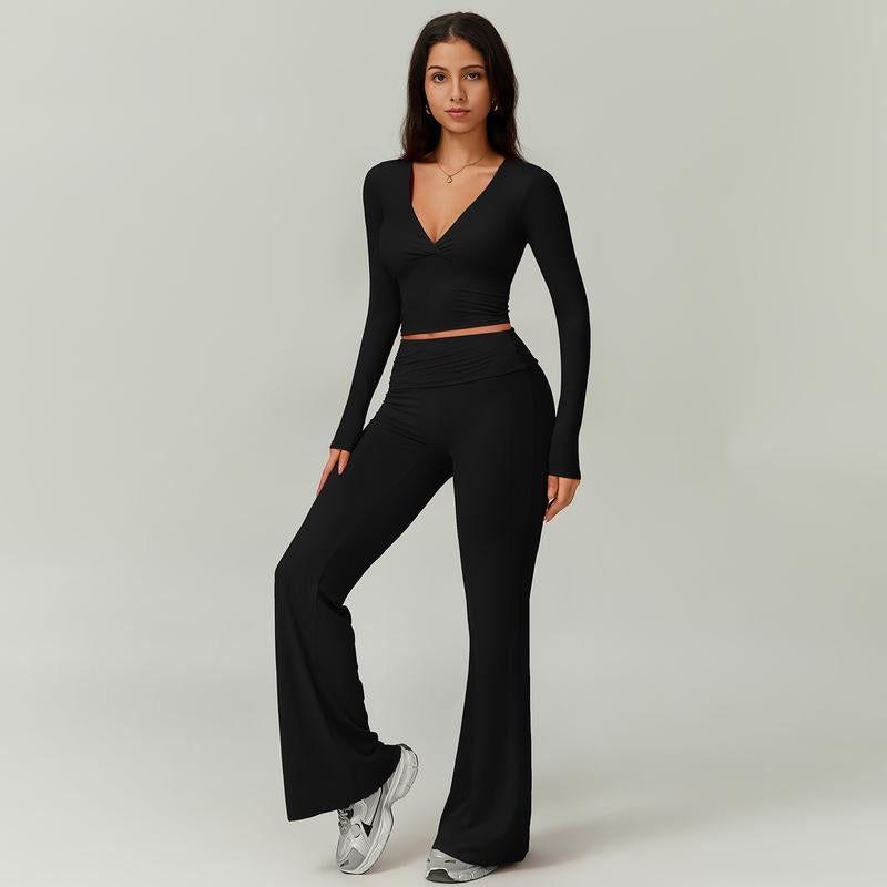 TIMEOFF Women'S 2-Piece Long Sleeve Plunging V-Neck Set - Foldable Waistband, 2 Wearing Styles, Solves Style Boredom & Fit Flaws, Perfect for Gym, Casual Outings & Daily Fashion,Sweatsuit Set Outfit,Comfort Sweat Set,Sweatsuits Women