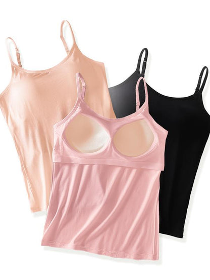3Pcs Women'S Built-In Bra Tank Tops Seamless No Bra Needed Camisoles with Adjustable Layered Straps Summer Beach Yoga & Vacation Essentials Padded Womenswear String Fitted Breathable Basic Minimalist Short Sleeveless Nylon Style Western Outfits Women