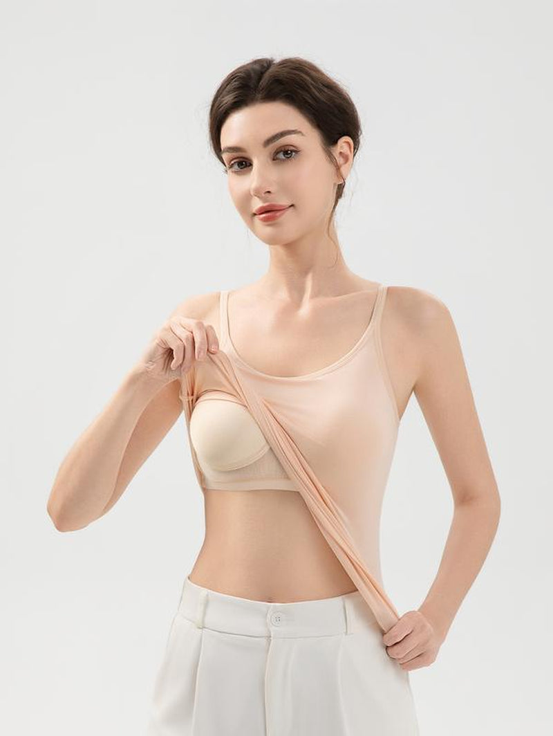 3Pcs Women'S Built-In Bra Tank Tops Seamless No Bra Needed Camisoles with Adjustable Layered Straps Summer Beach Yoga & Vacation Essentials Padded Womenswear String Fitted Breathable Basic Minimalist Short Sleeveless Nylon Style Western Outfits Women