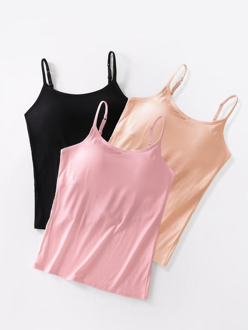 3Pcs Women'S Built-In Bra Tank Tops Seamless No Bra Needed Camisoles with Adjustable Layered Straps Summer Beach Yoga & Vacation Essentials Padded Womenswear String Fitted Breathable Basic Minimalist Short Sleeveless Nylon Style Western Outfits Women