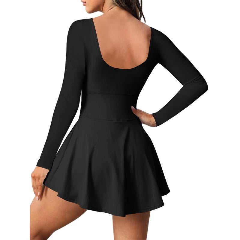 Danedvi Fitness Womens 2-In-1 Athletic Tennis Golf Dress Long Sleeve underneath Workout Active Dresses with Built-In Shorts Cheer Dance Skirt