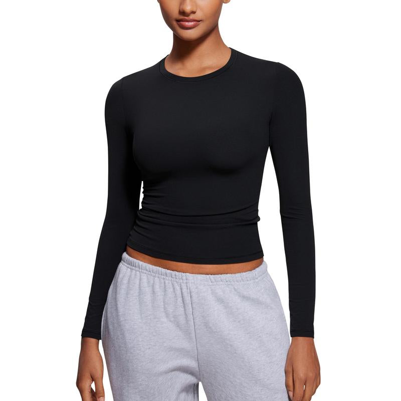 CRZ YOGA Long Sleeve Shirts for Women Soft Crew Neck Fall Basic Tight Tops Fitted Casual Going Out Tee Shirt