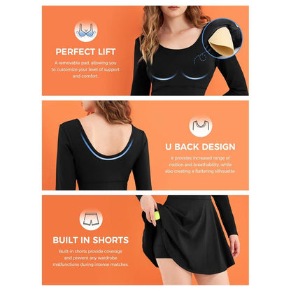 Danedvi Fitness Womens 2-In-1 Athletic Tennis Golf Dress Long Sleeve underneath Workout Active Dresses with Built-In Shorts Cheer Dance Skirt