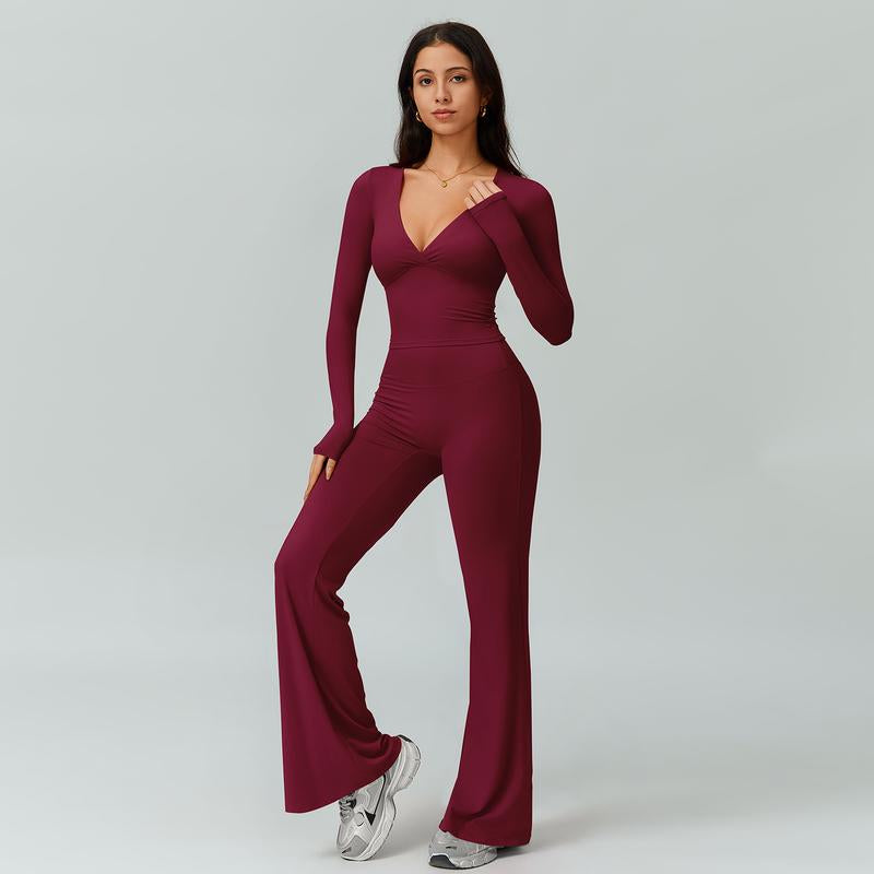 TIMEOFF Women'S 2-Piece Long Sleeve Plunging V-Neck Set - Foldable Waistband, 2 Wearing Styles, Solves Style Boredom & Fit Flaws, Perfect for Gym, Casual Outings & Daily Fashion,Sweatsuit Set Outfit,Comfort Sweat Set,Sweatsuits Women