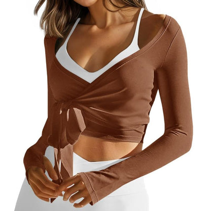 Fisoew Womens Tie Front Shrug Wrap Long Sleeve Crop Tops Casual Lightweight Ballet Pilates Yoga Active Shirts #Tiktokshopblackfriday #Tiktokshopcybermonday