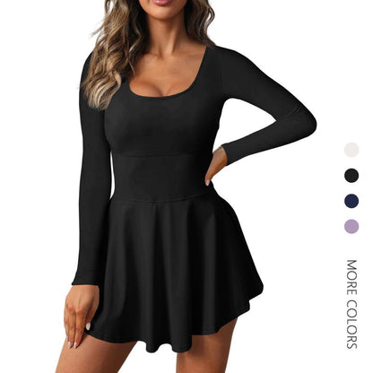 Danedvi Fitness Womens 2-In-1 Athletic Tennis Golf Dress Long Sleeve underneath Workout Active Dresses with Built-In Shorts Cheer Dance Skirt